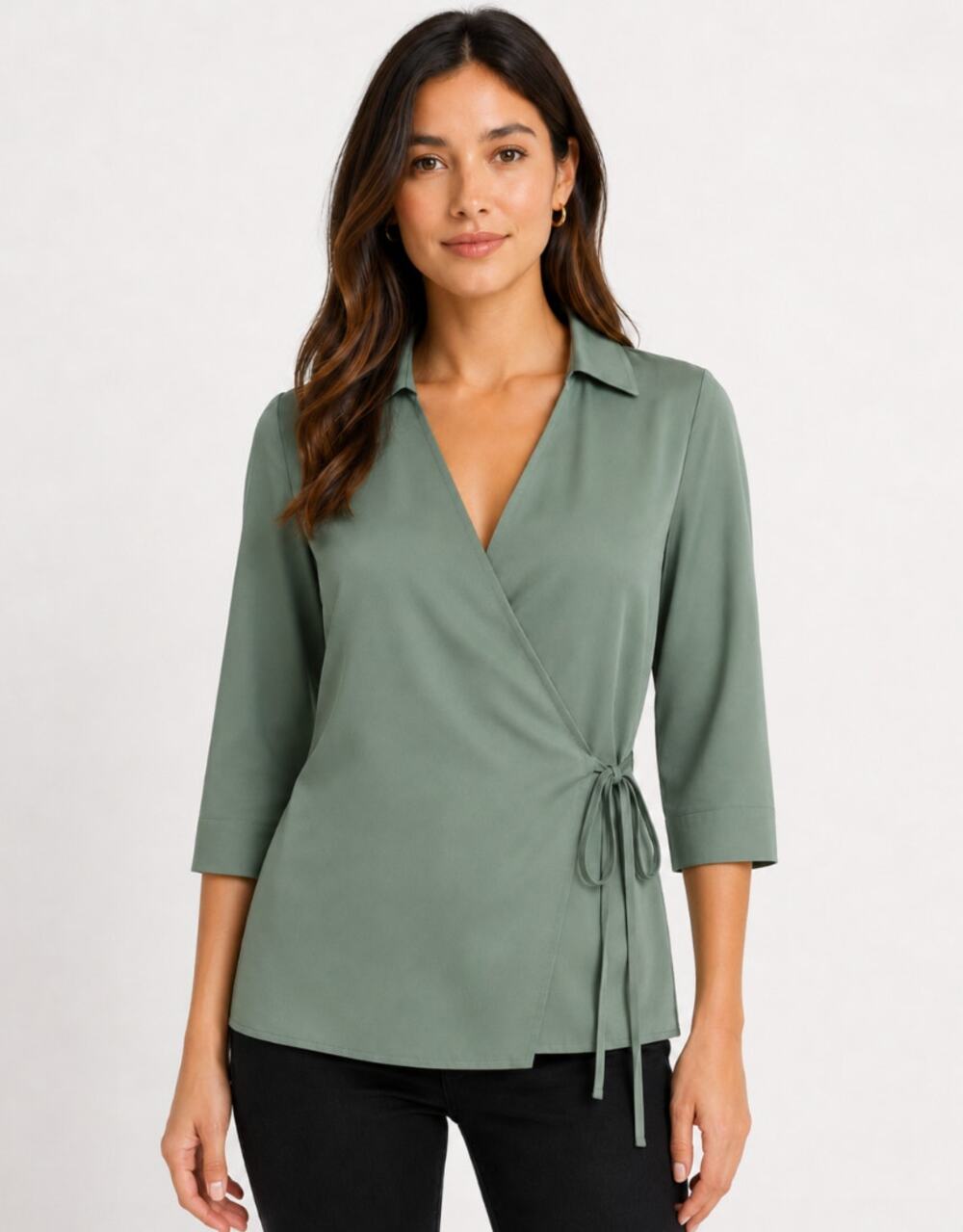 MONTGOMERY POST Womens Wrap Sleeve Blouse Small Green Three Quarter NWT